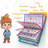 Educational book set with colorful pages and a cartoon boy illustration on a white background.