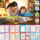 Woman and child reading a book together with educational icons and images displayed.