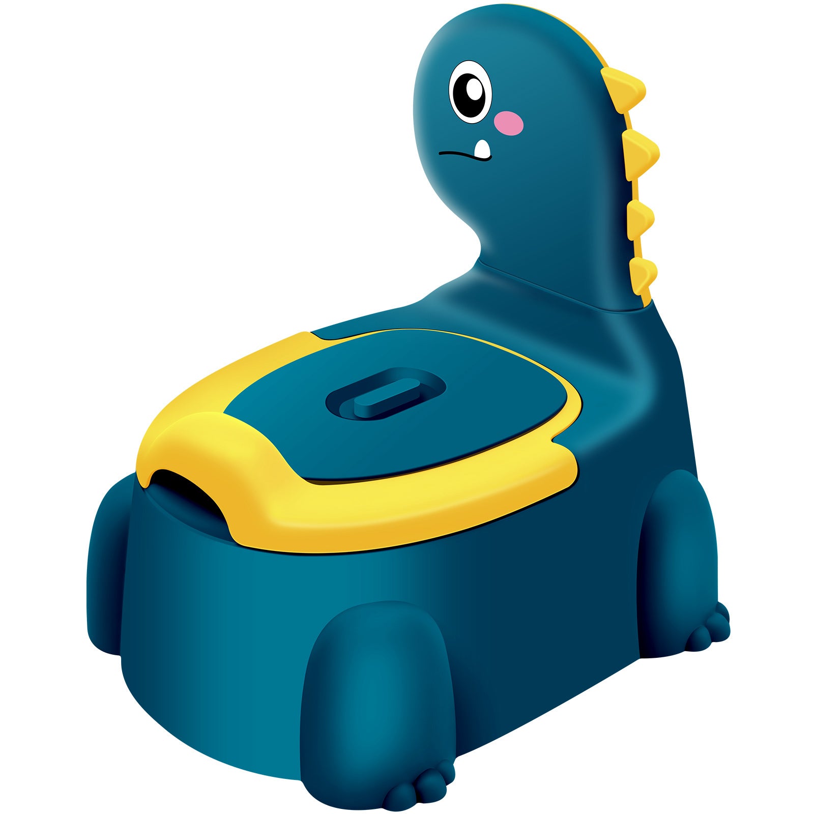 Blue and yellow dinosaur-shaped potty chair on a white background
