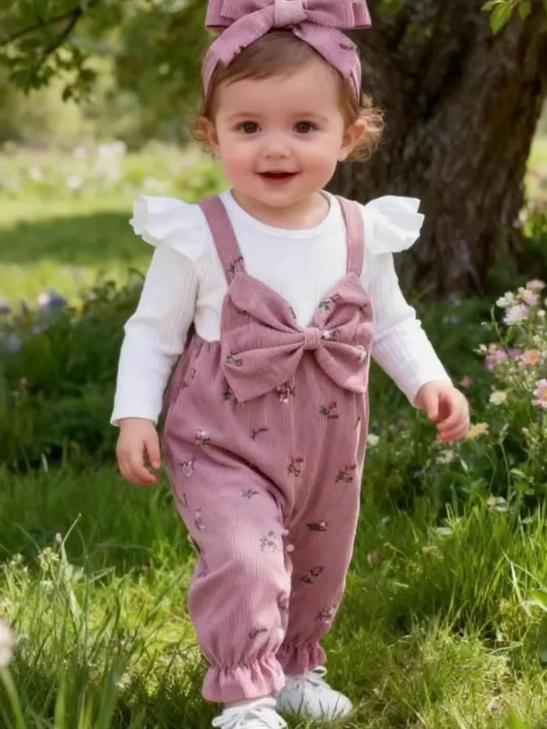 Child wearing pink overalls with a bow in a garden setting