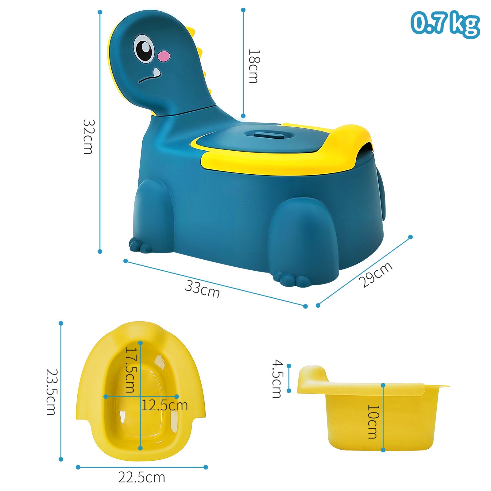 Children's potty chair with dimensions and weight displayed