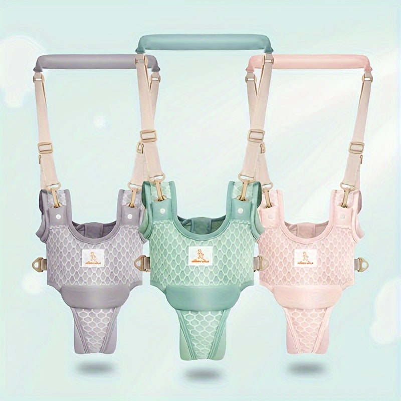 Three baby walkers in gray, green, and pink on a light blue background