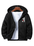 Black hoodie with a white shirt underneath, featuring a Disney logo on a white background.