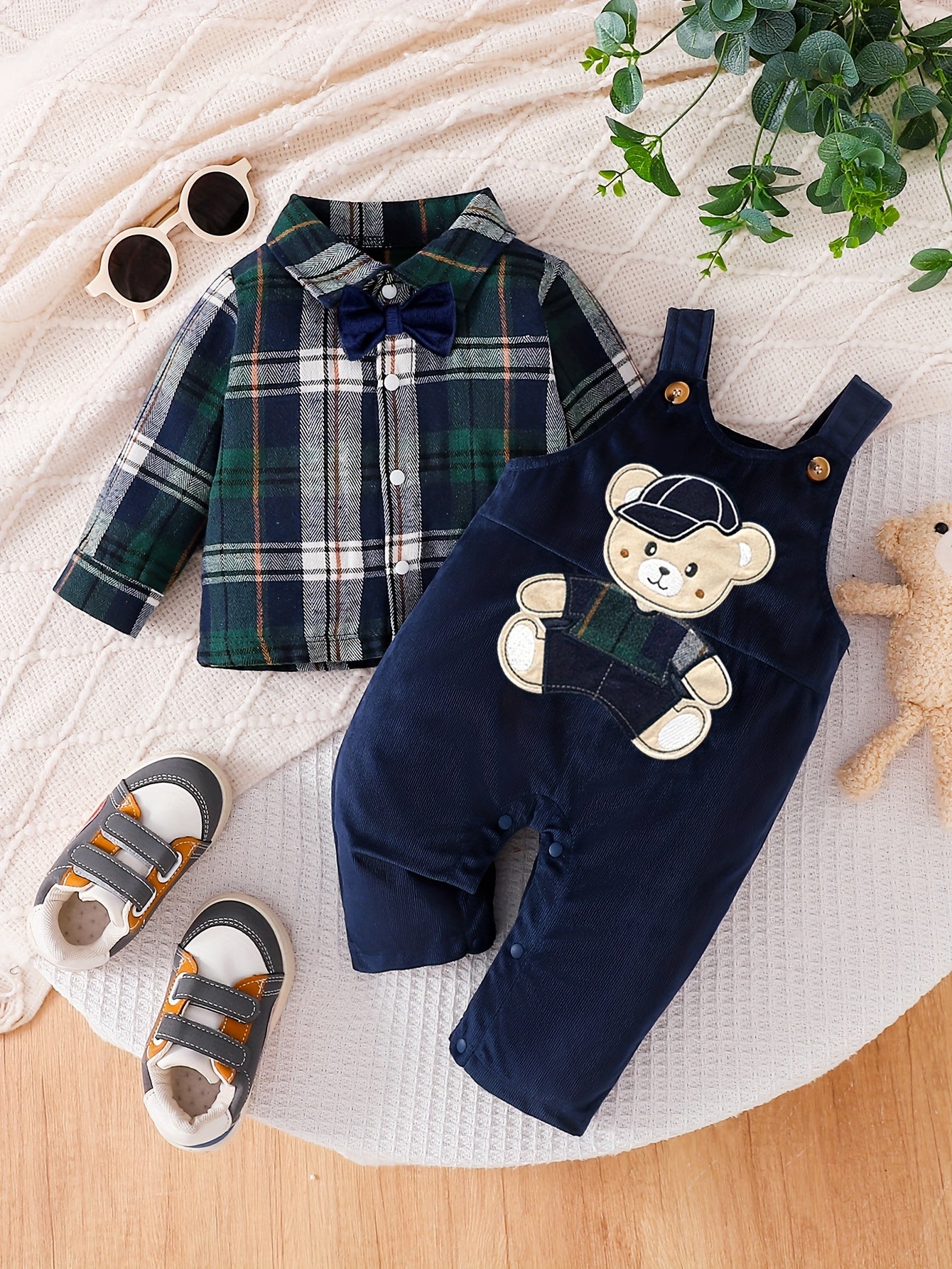 Baby Boy Bear Overalls & Checkered Shirt Set