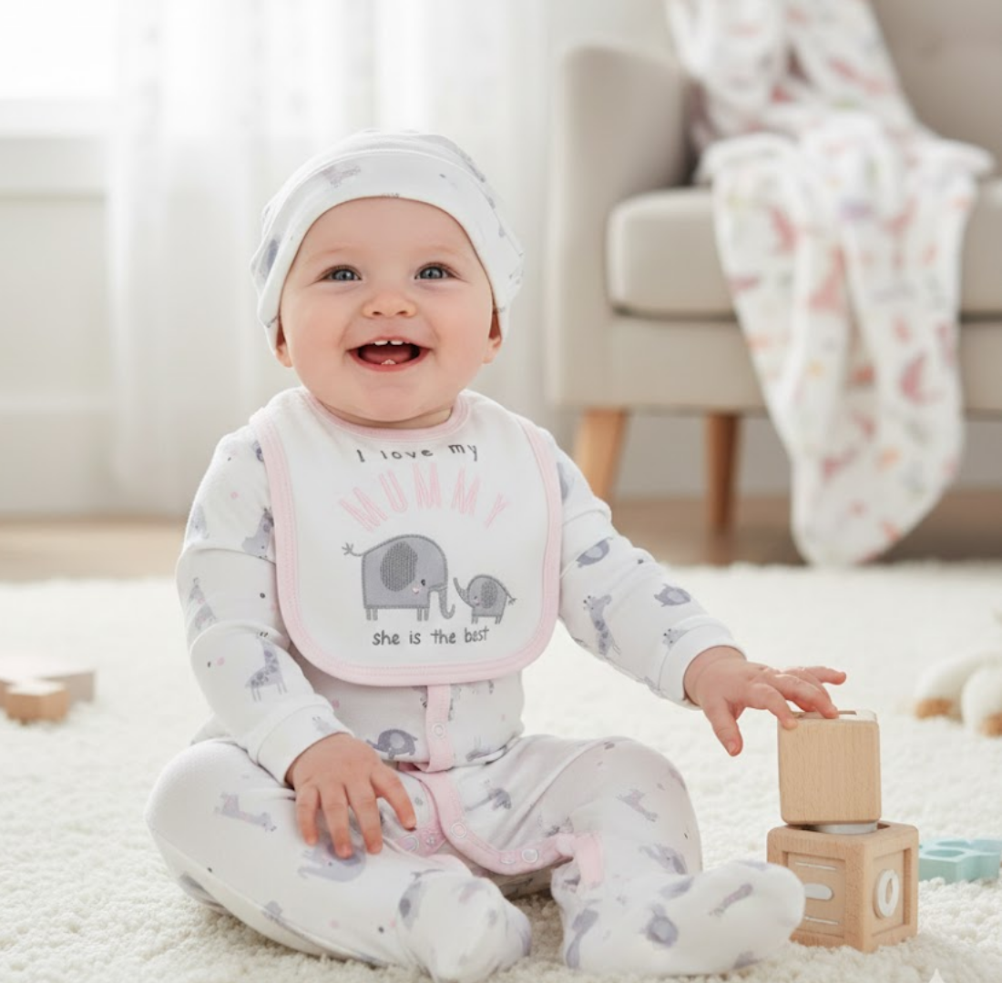 Baby sitting on a carpeted floor wearing a bib and onesie with elephant designs, smiling.