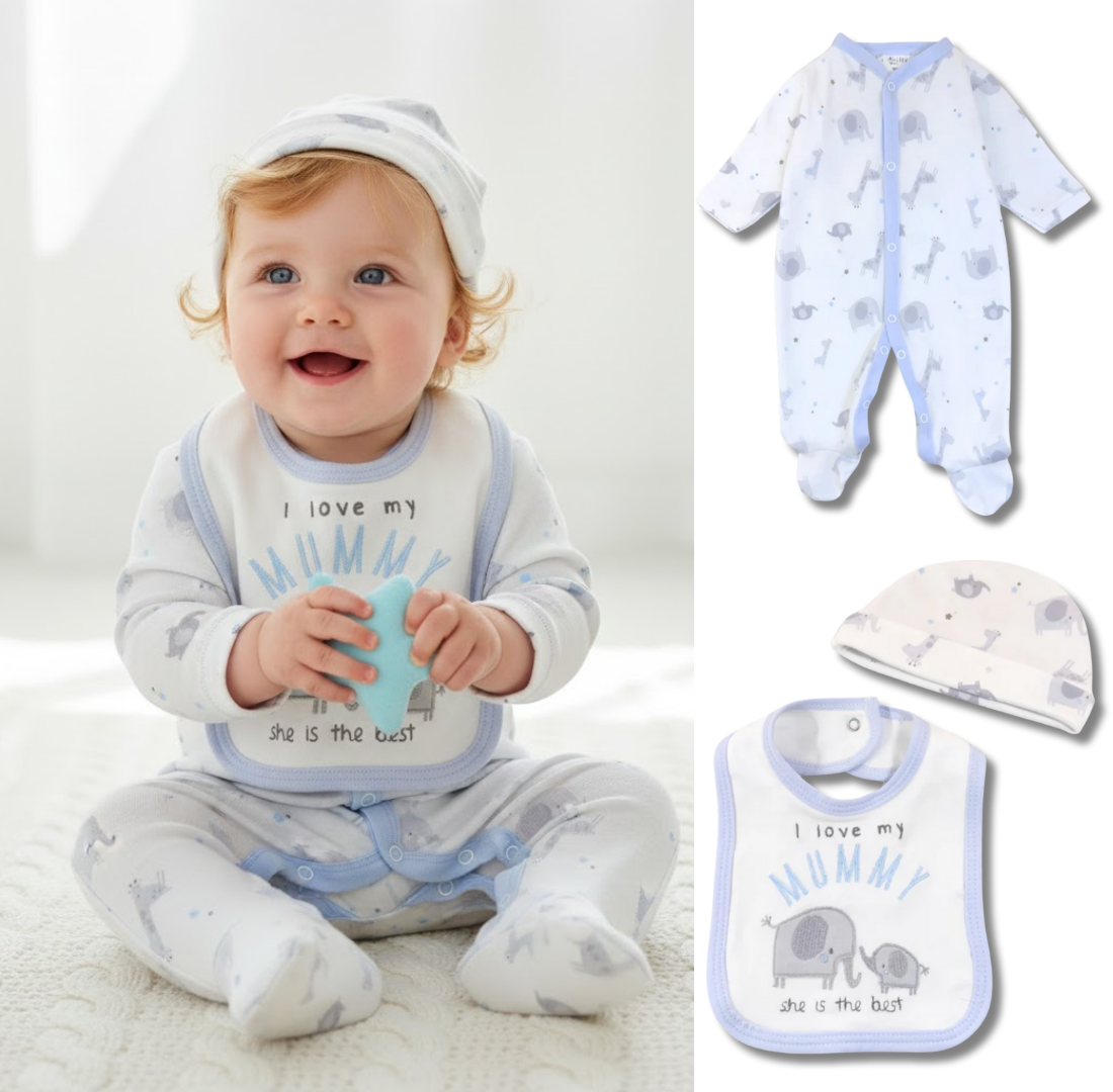 Blue Baby 3-Piece Romper, Bib & Hat Set (0-9M)