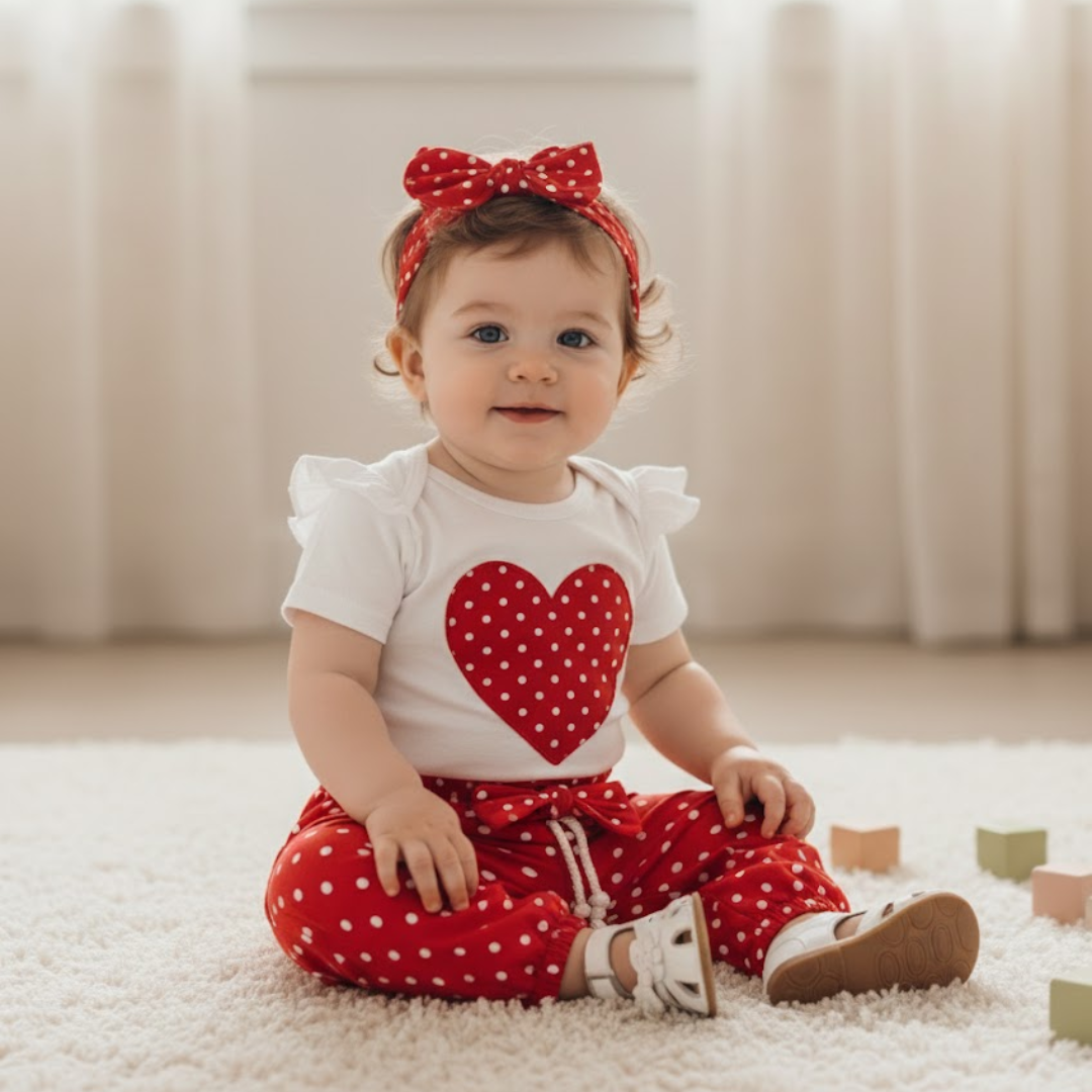3PCS Baby Girl Outfit Set – Love Heart Romper, Pants & Headband