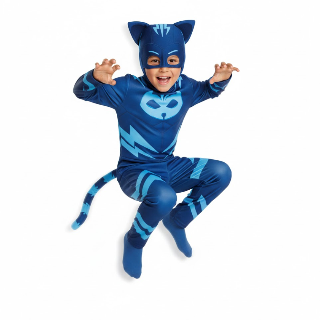 Child wearing a blue superhero costume with a mask on a white background