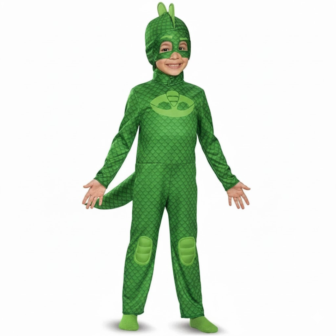 Child wearing a green superhero costume with a white background