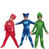 Three children in superhero costumes on a white background