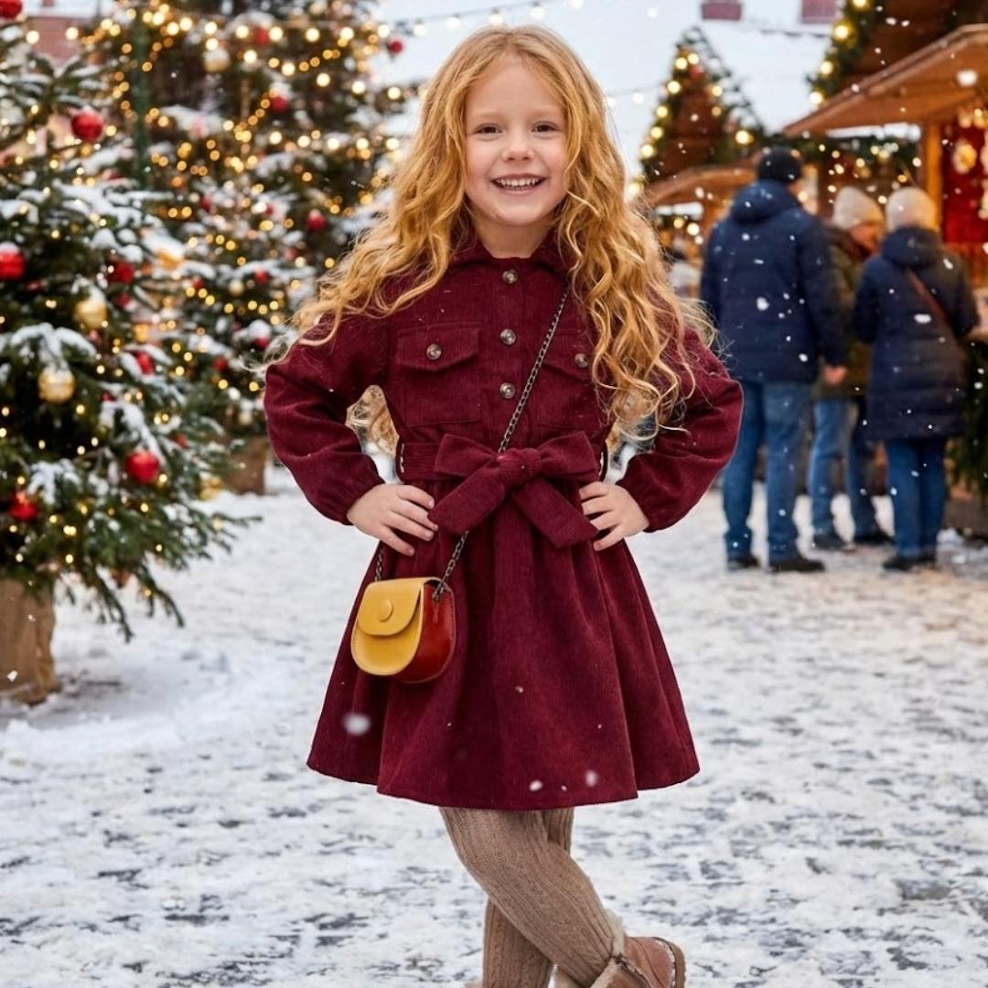 Young girl in a red coat with a yellow bag standing in a snowy street with Christmas decorations.