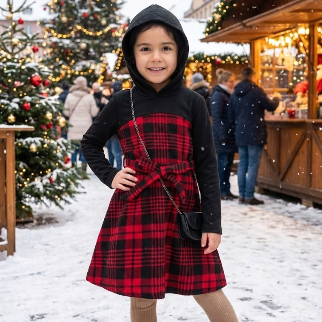 Girl's Winter Hooded Plaid Dress