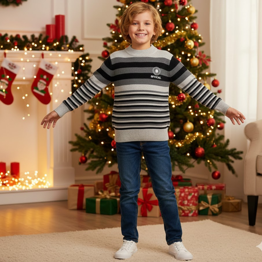 Child wearing a striped sweater in a festive living room with Christmas decorations.