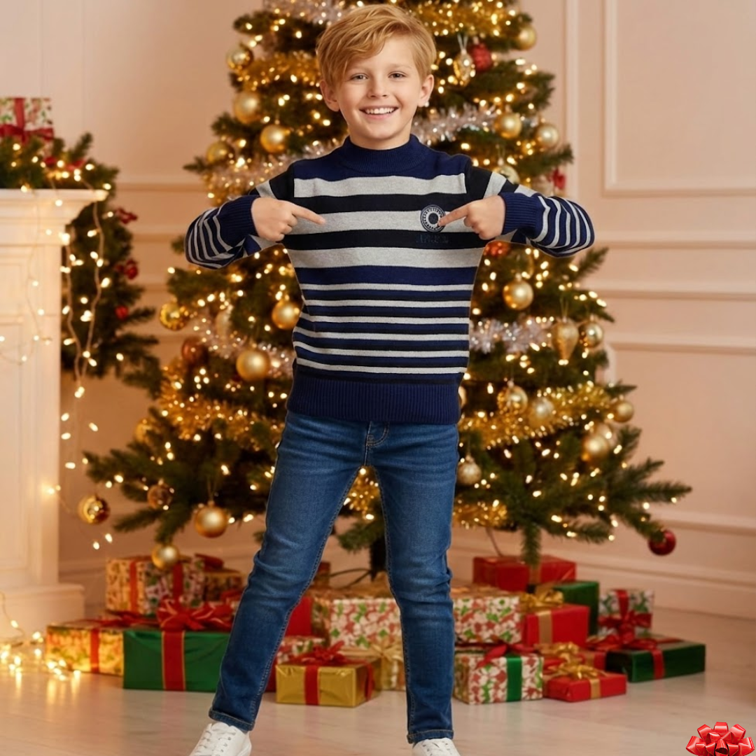 Child in a striped sweater standing in front of a decorated Christmas tree with presents.