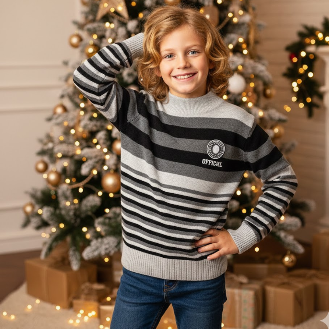 Child wearing a striped sweater in a festive setting with Christmas trees and lights.