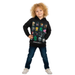 Child wearing a black hoodie with colorful character designs on a white background