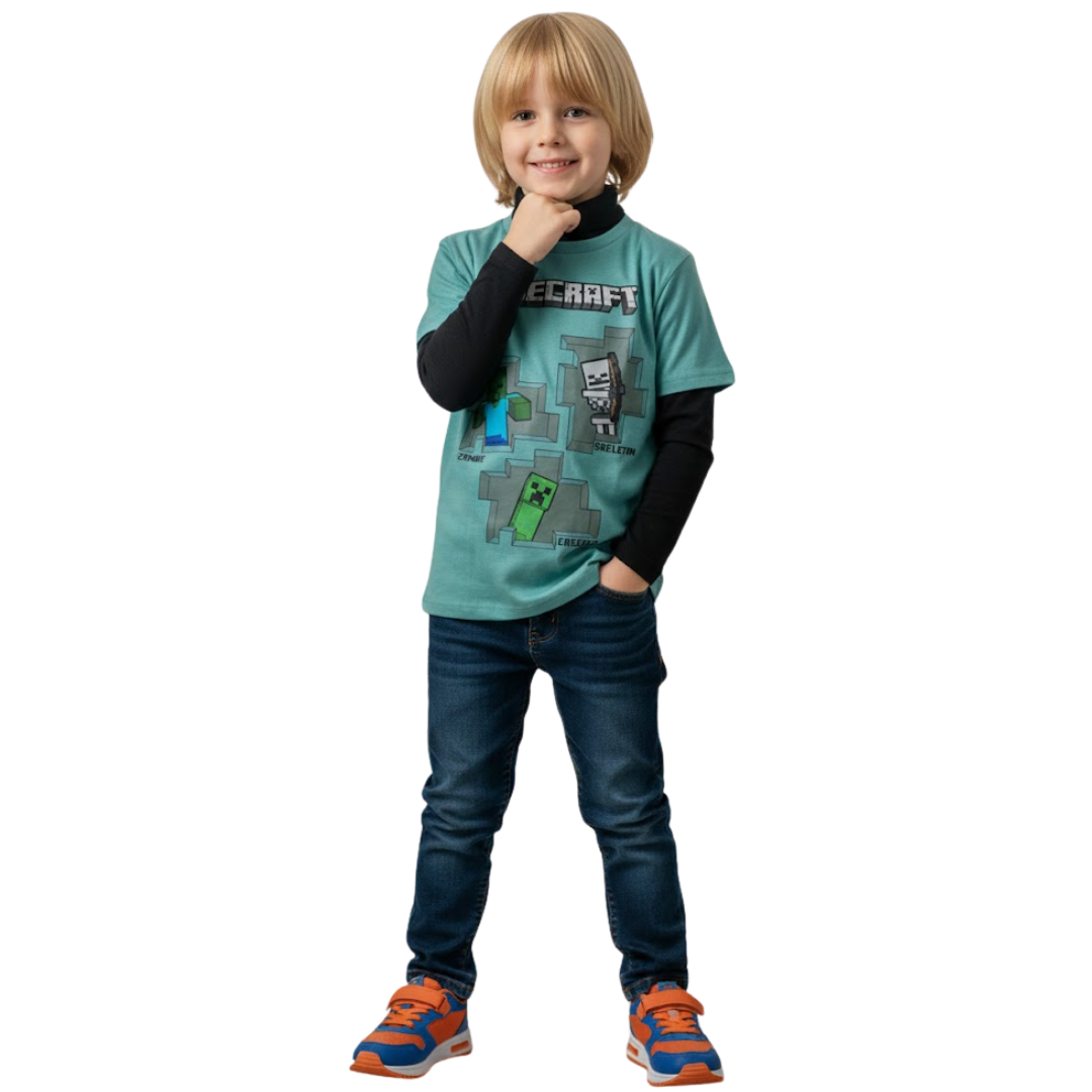 Child wearing a Minecraft-themed shirt on a white background
