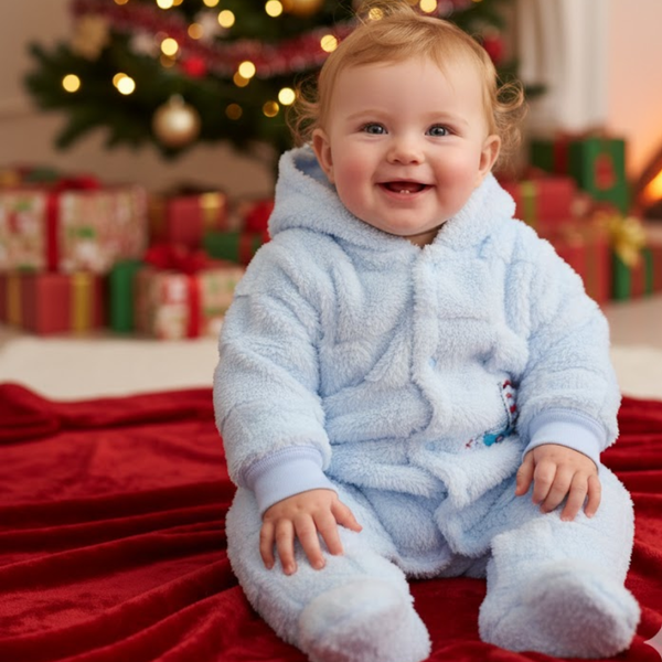 Baby in a blue and white snowsuit sitting on a red blanket with Christmas decorations in the background.