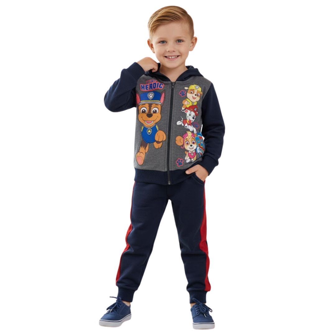 Child wearing a navy tracksuit with cartoon character design on a white background