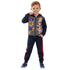 Child wearing a navy tracksuit with cartoon character design on a white background
