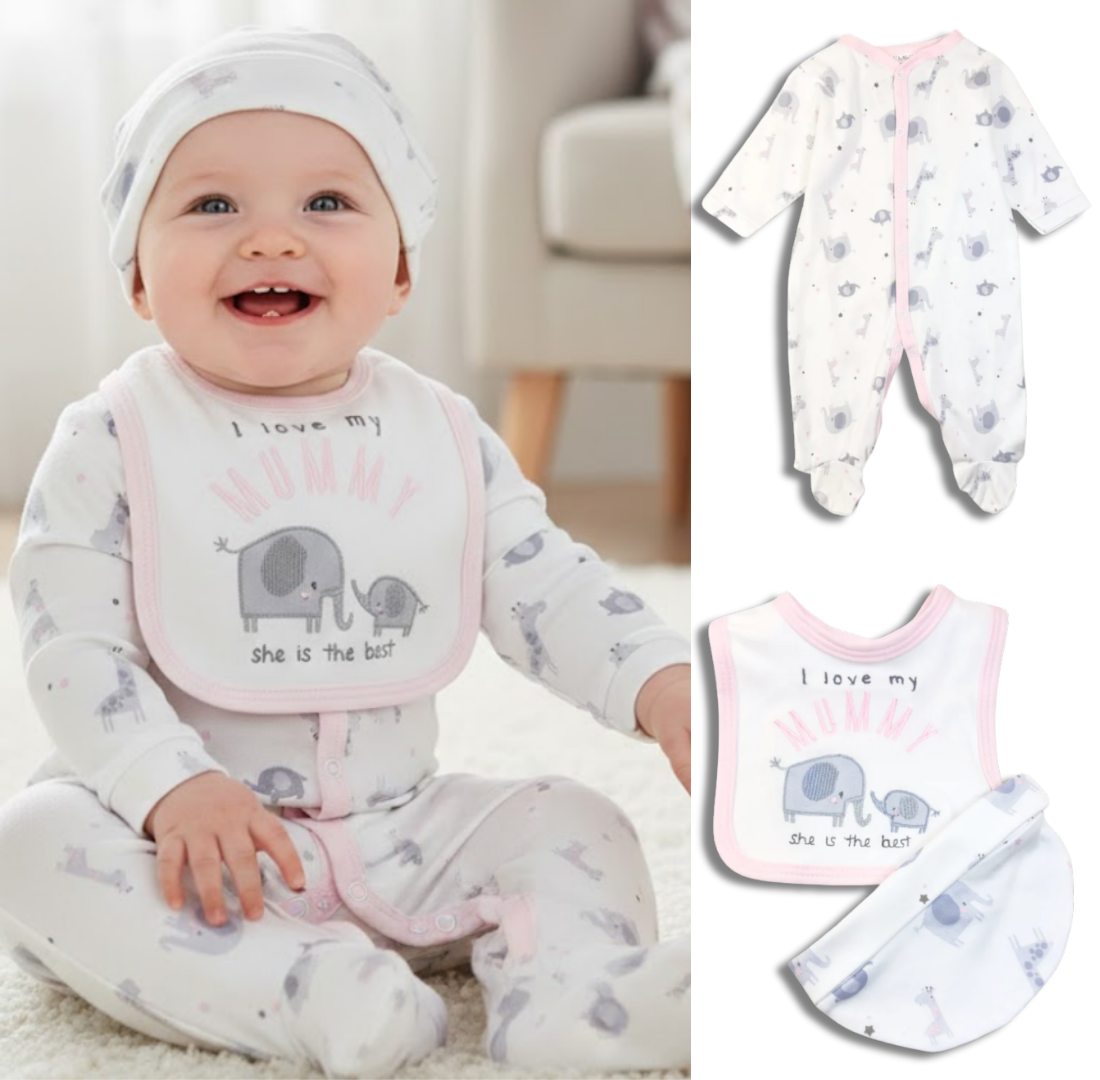 Baby wearing a bib and outfit with elephant design, sitting on a white surface.