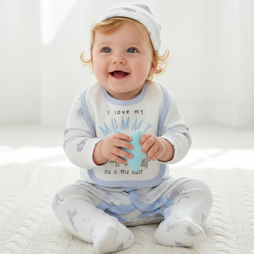 Blue Baby 3-Piece Romper, Bib & Hat Set (0-9M)