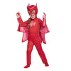 Child wearing a red superhero costume with cape on a white background