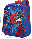 Spider-Man backpack with character designs on a blue background, including dimensions.