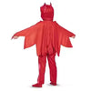 Red superhero costume with cape and mask on a white background
