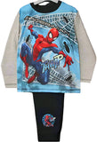 Spider-Man pajama set with blue shirt and black pants on a white background