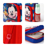 Collage of a Mickey Mouse-themed lunch bag with compartments and a water bottle.
