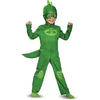 Child wearing a green superhero costume with a hood on a white background