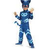 Child wearing a blue superhero costume with a mask and tail