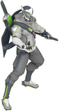 Figurine of a character in gray and green armor with a weapon on a white background