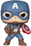 Captain America figurine with blue helmet, red and white shield, and American flag on a white background