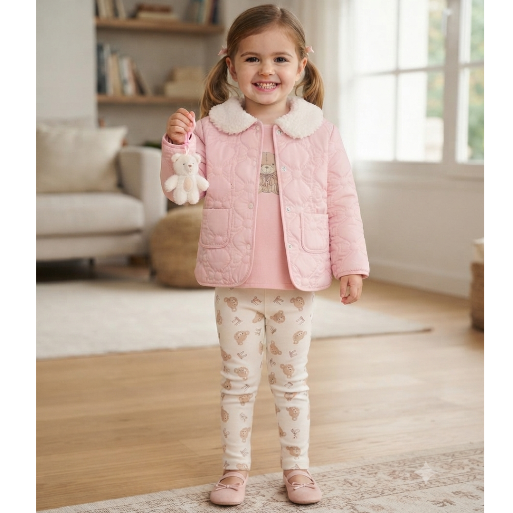 A young girl stands in a bright living room wearing a light pink quilted jacket with a white faux-fur collar, a matching pink top, and cream leggings with a teddy bear pattern. She is holding a small plush white bear.