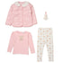A three-piece baby girl's outfit set laid out on a white background, including a pink quilted jacket with a white faux-fur collar, a pink long-sleeve top with a teddy bear applique, and cream leggings with a beige teddy bear pattern. A small plush teddy bear toy is also included.