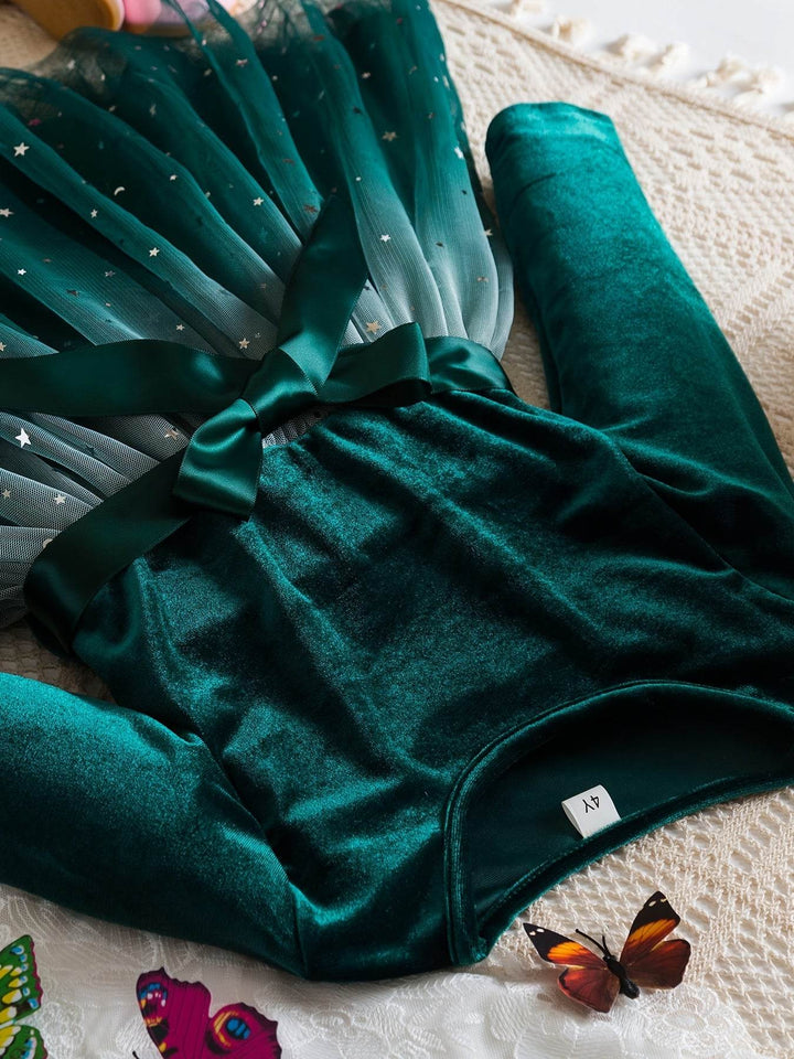 Girls' Elegant Velvet Green Christmas Party Dress - Little Fashion