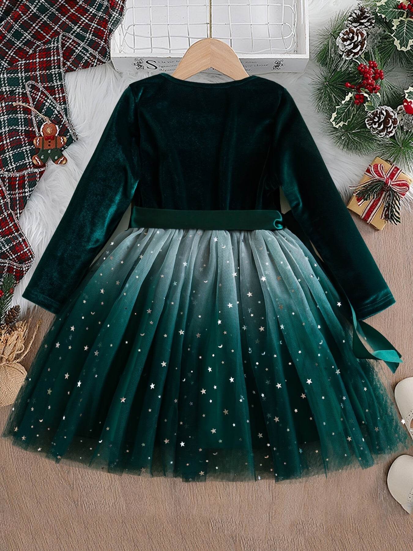 Girls' Elegant Velvet Green Christmas Party Dress - Little Fashion
