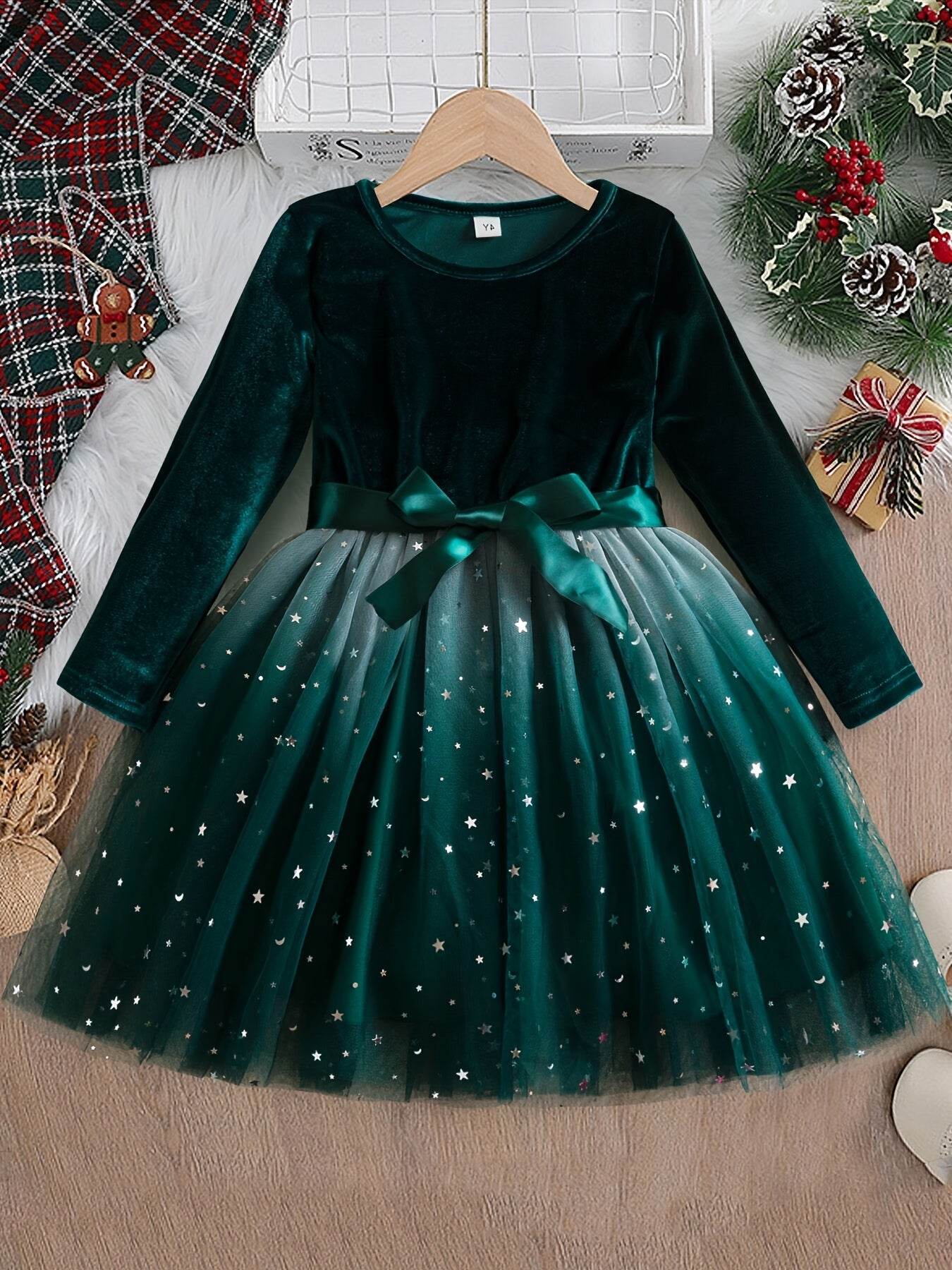 Girls' Elegant Velvet Green Christmas Party Dress - Little Fashion