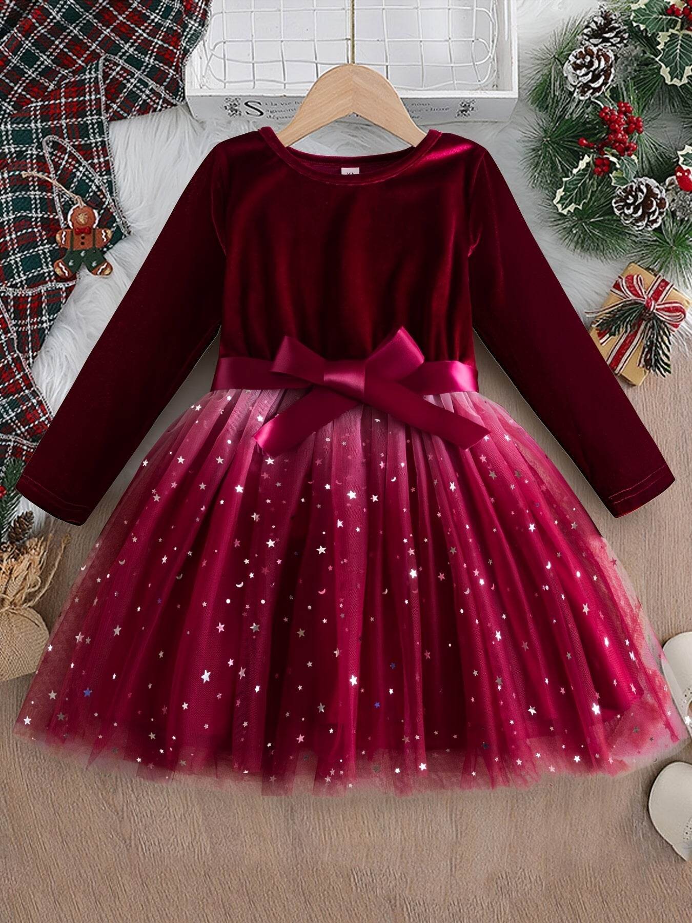 Girls' Elegant Velvet Red Christmas Party Dress - Little Fashion