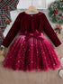 Girls' Elegant Velvet Red Christmas Party Dress - Little Fashion