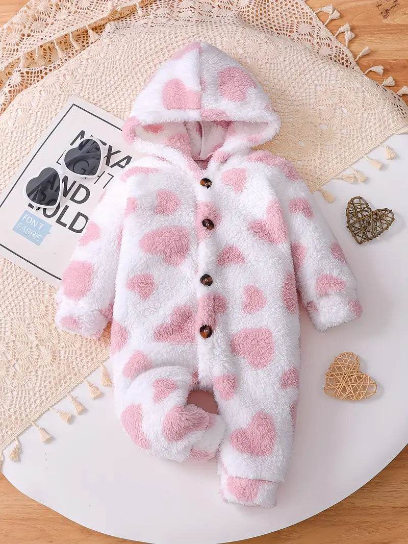 Girls' Heart Plush Hooded Bodysuit - Autumn-Winter - Little Fashion