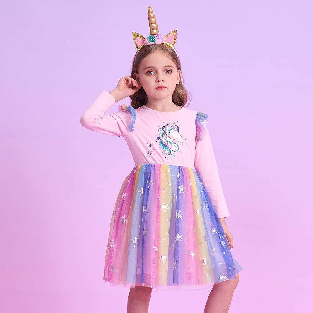 Girls' Long Sleeve Unicorn Dress – Autumn Mesh Tulle Princess Outfit for 4–8 Year Olds - Little Fashion