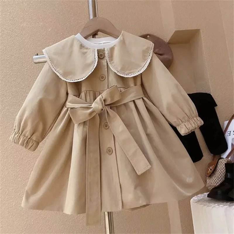 Girl's Long Trench Coat Waisted Windbreaker - Little Fashion