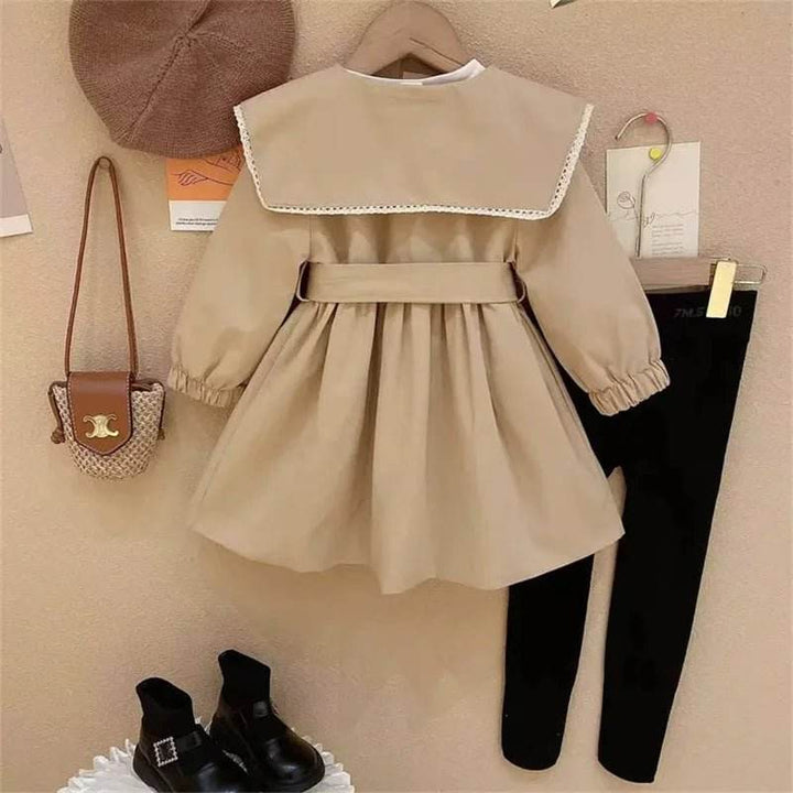 Girl's Long Trench Coat Waisted Windbreaker - Little Fashion