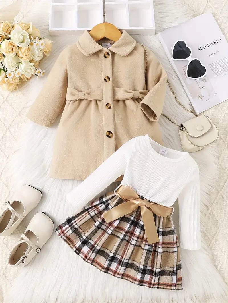 Girls' Plaid Overalls + Dress Set - Little Fashion