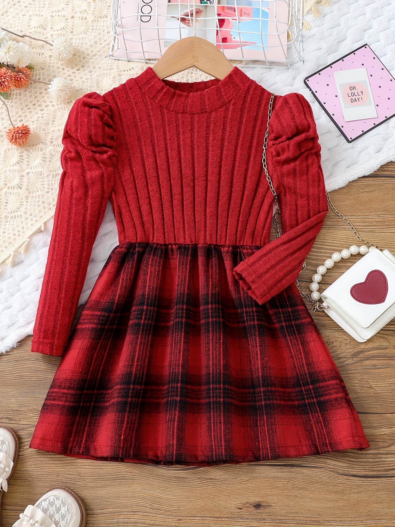 Girls' Plaid Puff Sleeve Knit Dress - Little Fashion