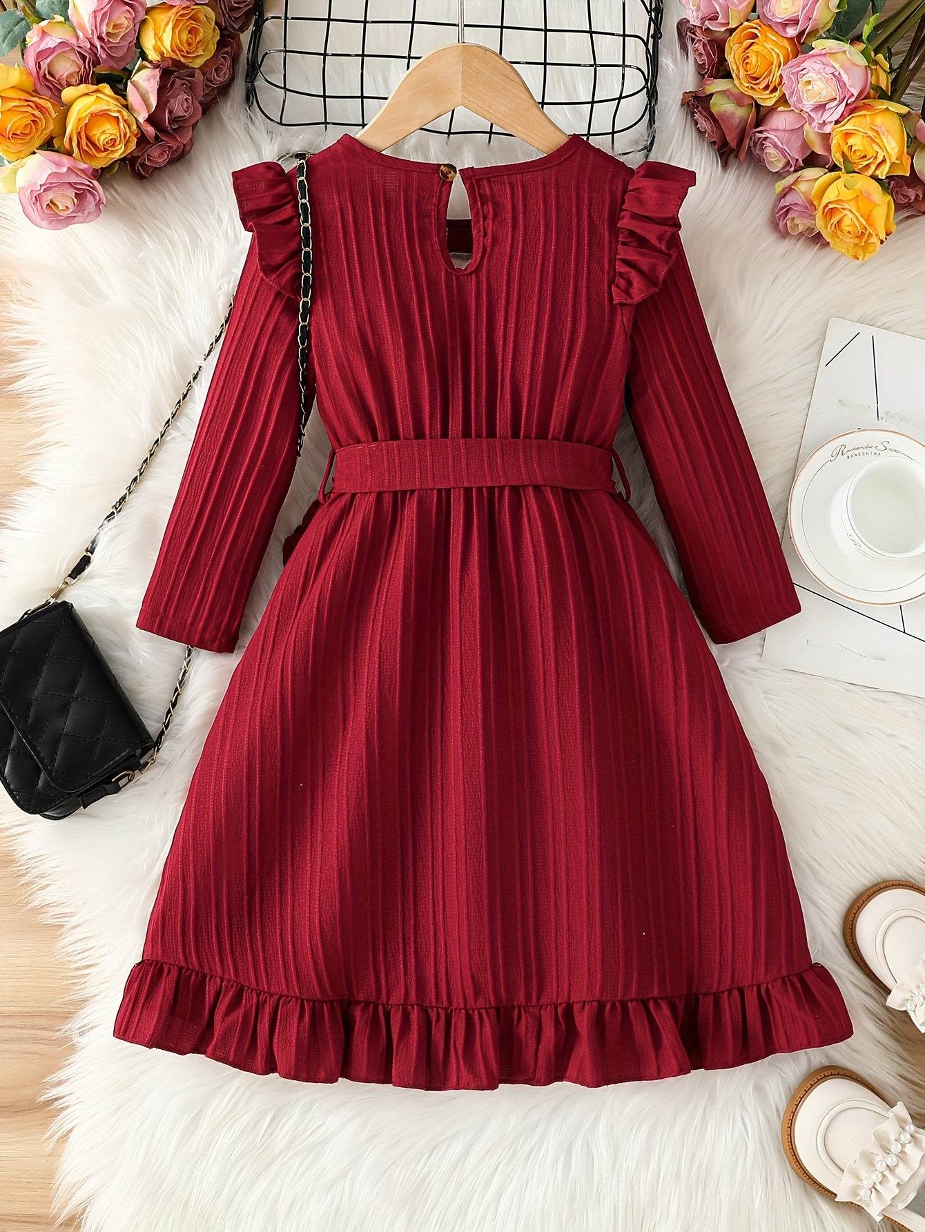 Girls' Solid Ruffle Dress for Party Wear - Little Fashion