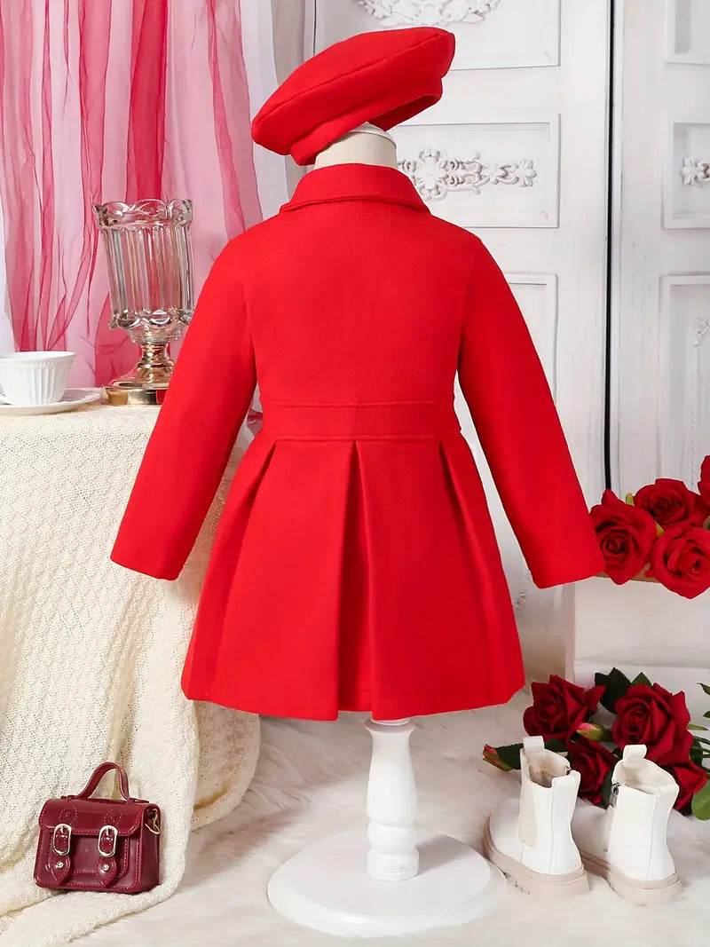 Girls' Tweed Winter Coat with Bow & Hat - Long Warm - Little Fashion